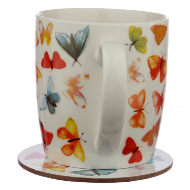 Set Tazza in porcellana e Sottobicchiere in sughero con illustrazione Farfalle